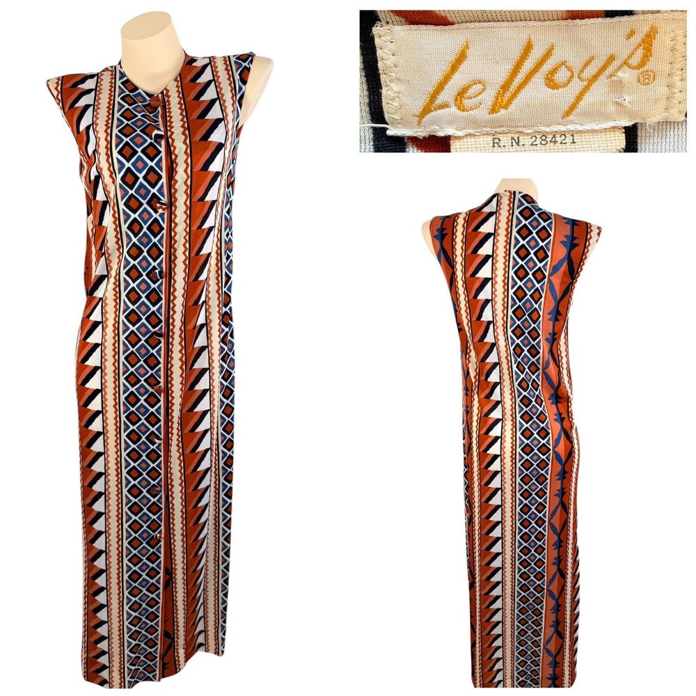 LeVoy's Vintage Mod Retro Geometric Print Sleeveless Maxi Column Dress JR Petite